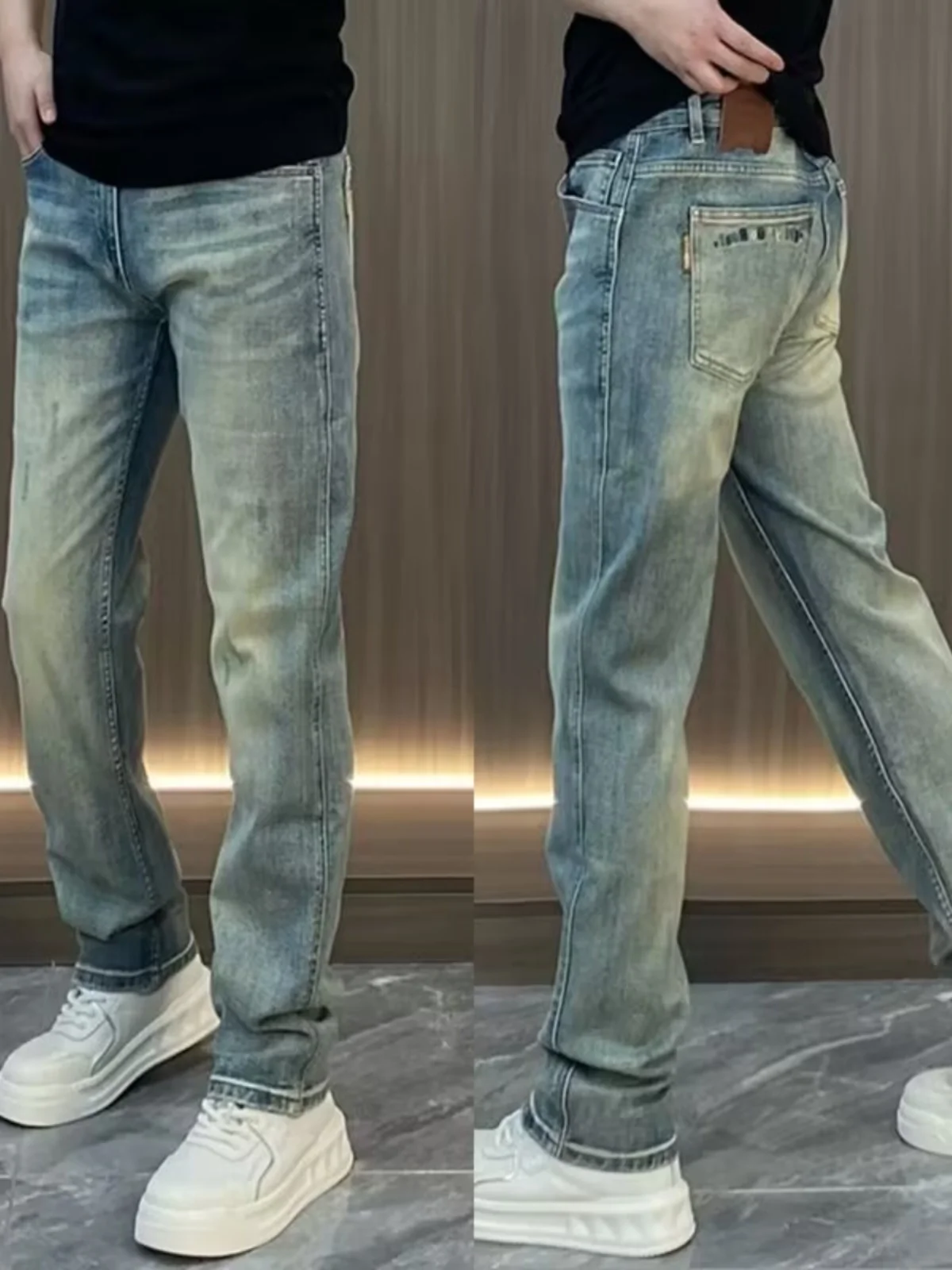 Nieuwe lente herfst high-end heren casual bla waed denim jeans faionable veelzijdige wijde pijpen rechte lange broek
