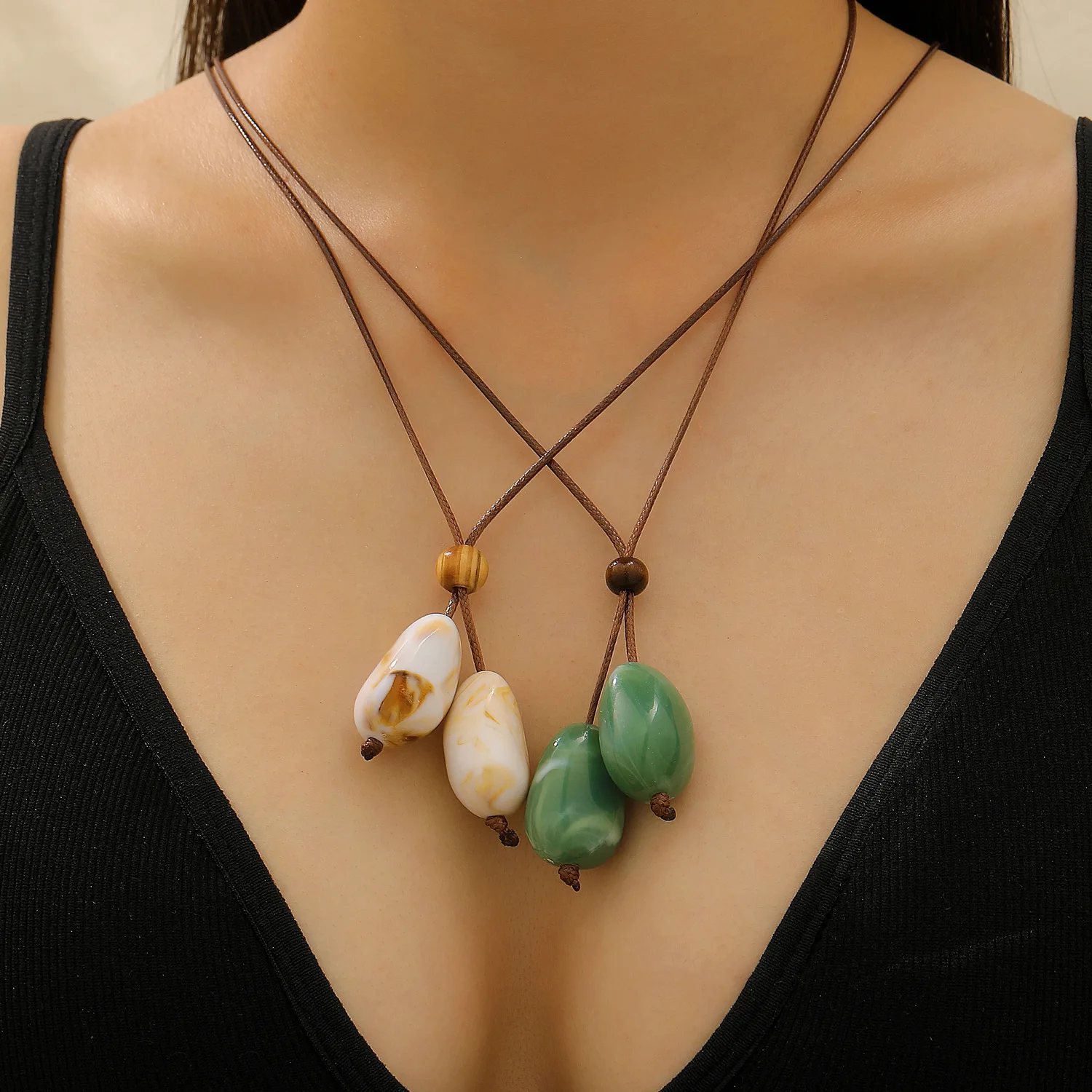 طويل المرأة النمط الصيني خمر غير النظامية حبل مضفر المختنق الخريف الشتاء سترة سلسلة قلادة الأخضر الأبيض حجر مجوهرات #1