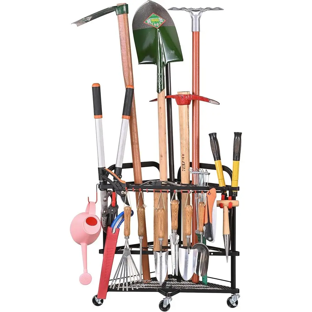 

Rolling Garden Tool Organizer with Wheels and Hooks, Storage Rack for Shed or Garage, Black Powder Coated Steel