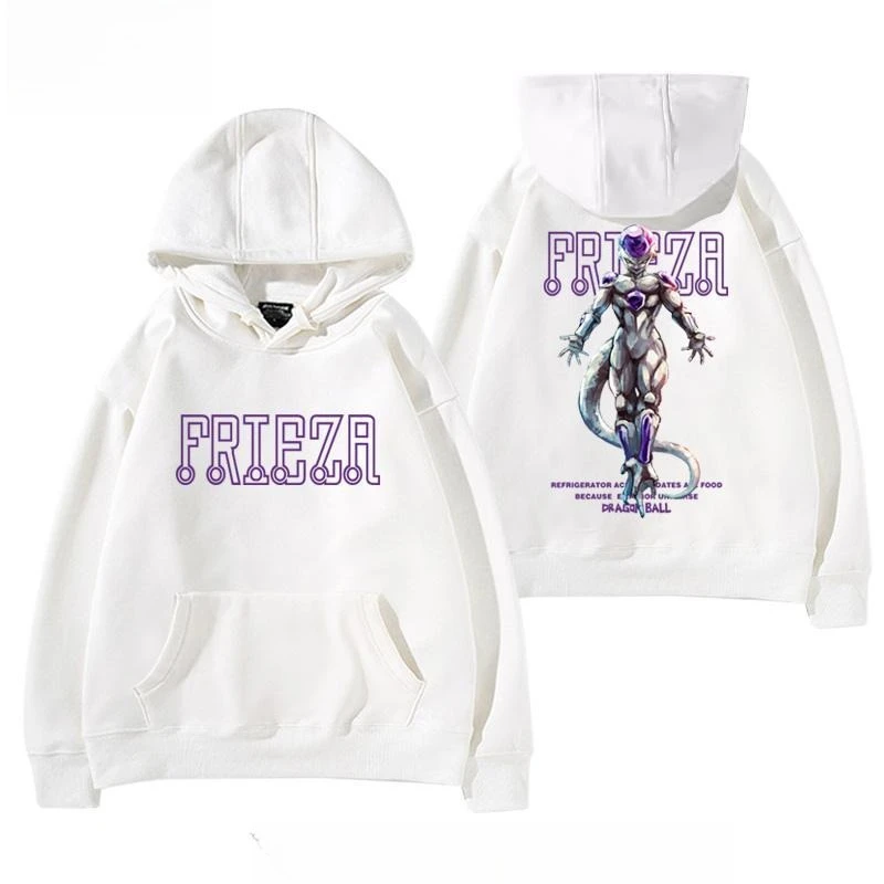 

White Anime Hoodie Purple Alien Character Design with Freezer Text Oversized Streetwear Kangaroo Pocket​