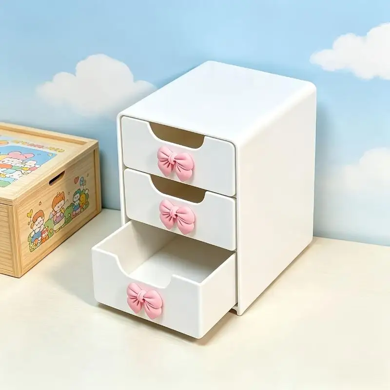 Chic 3-Tier Desk Organizer With Bows Drawers - Ideal For Office Supplies, Jewelry & Cosmetics Storage - Portable Divider Box