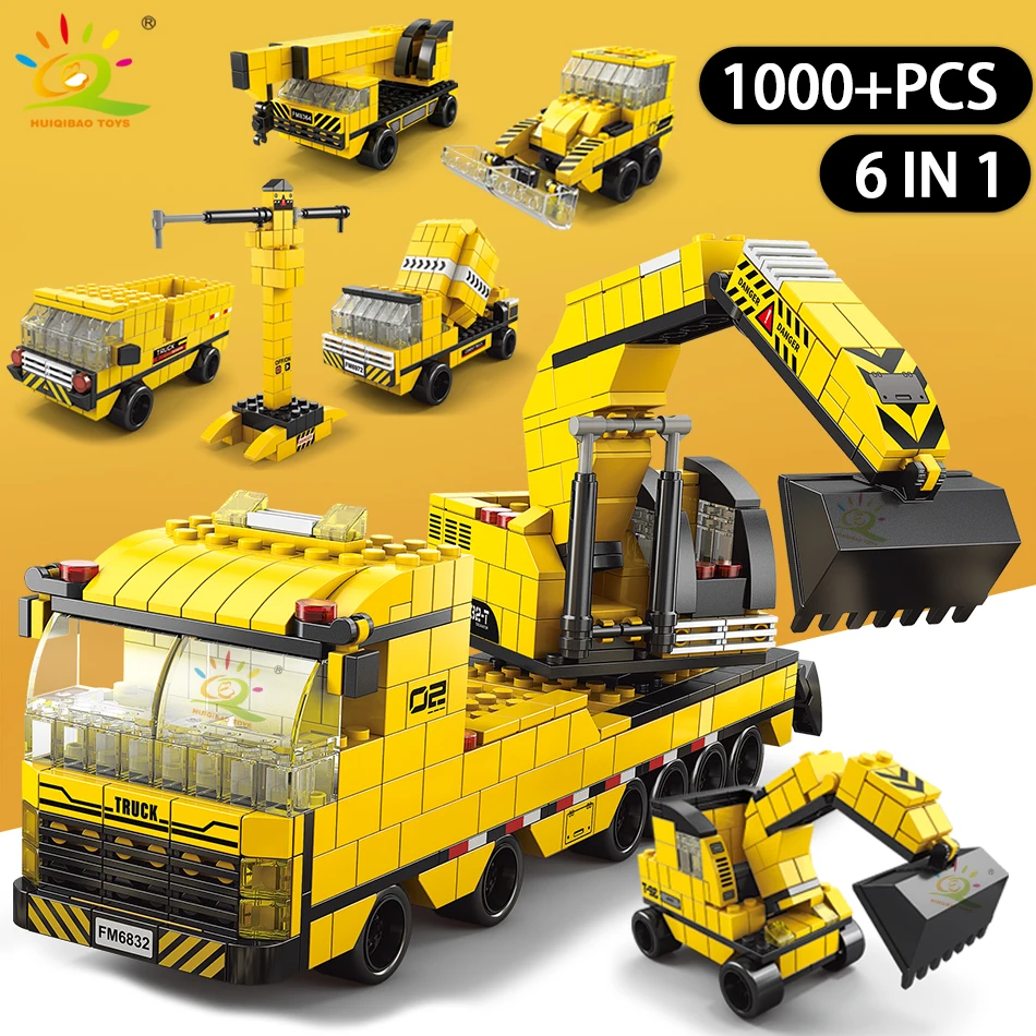 HUIQIBAO 1000pcs 6in1 Engineering Crane Truck Building Blocks City Construction Bricks Bulldozer Car Set For Children Kids TOYS