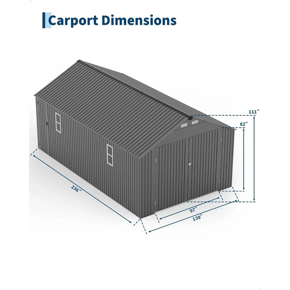 12x20 FT Metal Garage Shed, Outdoor Extra Large Storage Shed, Gray Double Lockable Doors, Side Door & Windows, Heavy Duty Steel