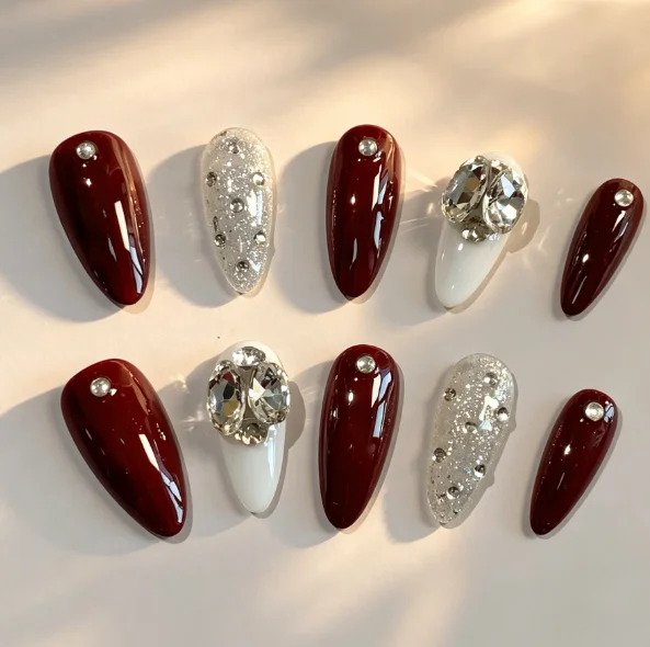 Elegant Burgundy Press On Nails,Almond Reusable False Nails,White Silver Glitter Nails with Big Crystal Rhinestones