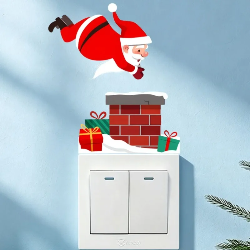 Christmas Santa Down Chimney Light Switch Sticker Removable PVC Wall Decal Cartoon Xmas Socket Sticker Home Bedroom Holiday Deco