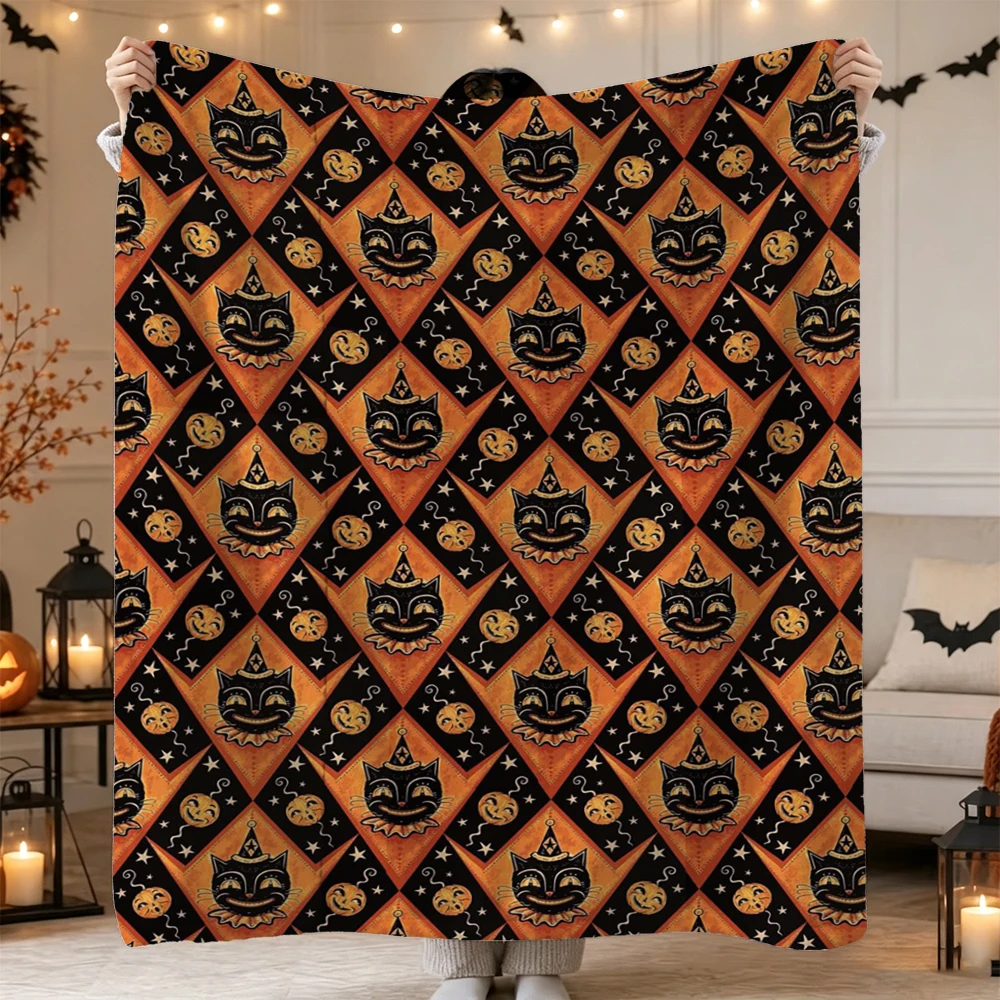 Halloween Flannel Throw Blanket, Black Cat Witch Hat Pumpkin Pattern, Soft Warm Fleece Blanket for Sofa Bed Home Decor
