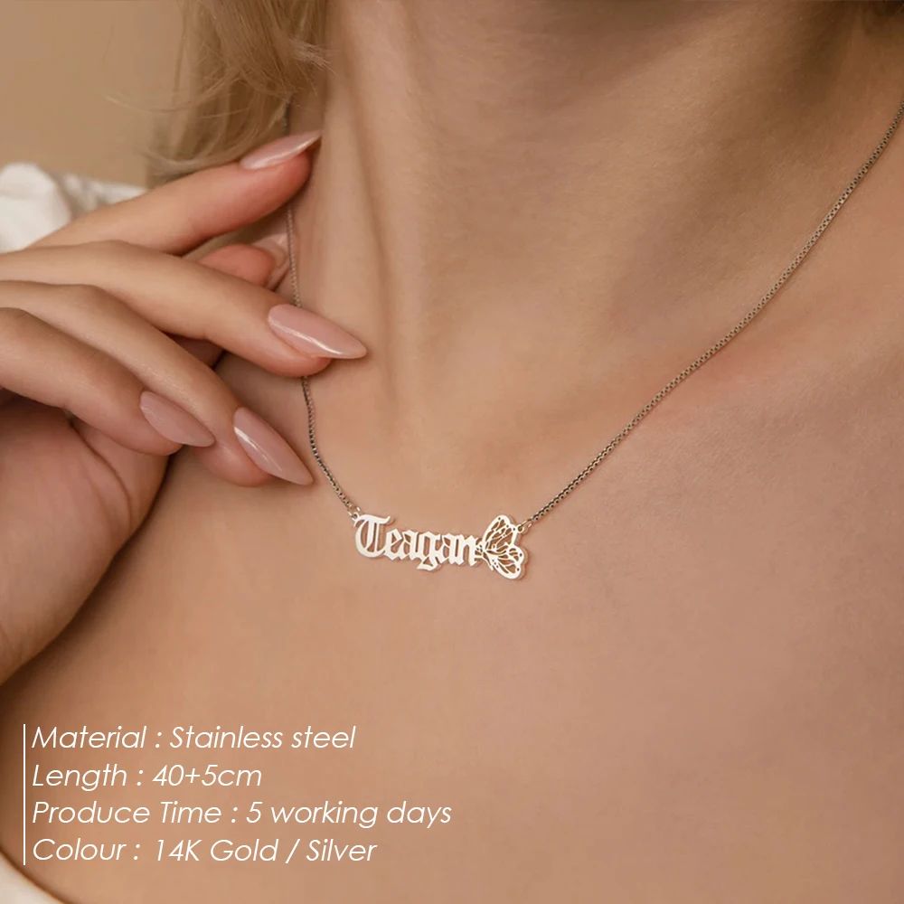 EMANCO Popular Skeleton Letter Butterfly Pendant Stainless Steel Customized Name Necklace Women Fashion Accessories Direct Sale