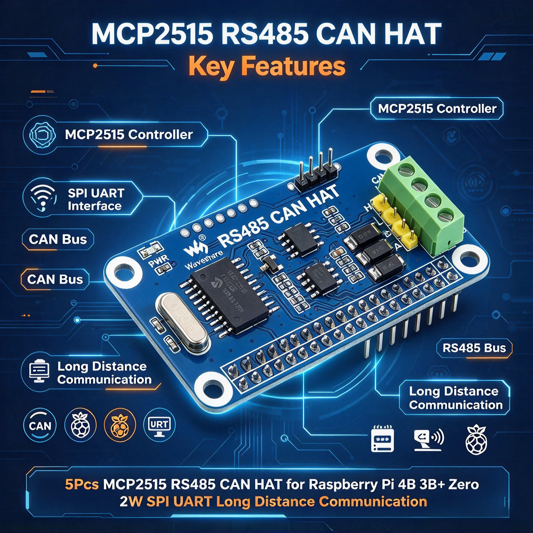 5Pcs MCP2515 RS485 CAN HAT for Raspberry Pi 4B 3B+ Zero 2W SPI UART Long Distance Communication