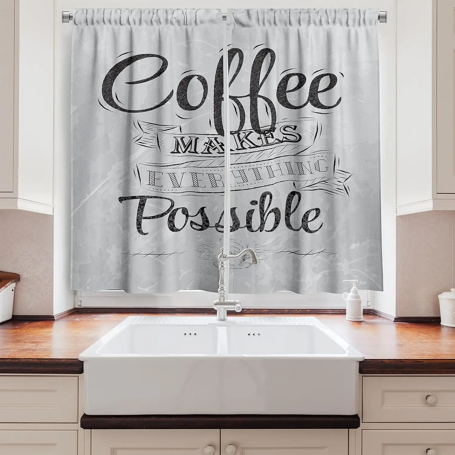 Lunarable Coffee Kitchen Curtains, Coffee Makes Everything Possible Words Art Lifestyle Inspiration Idea Design, Window Drapes 2