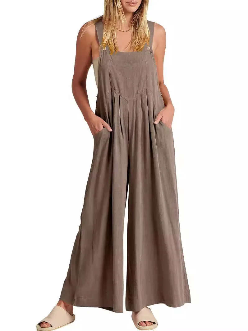 Mono holgado informal de Color puro para mujer, pantalones de pierna ancha, pantalones largos de cintura alta, traje cómodo de una pieza