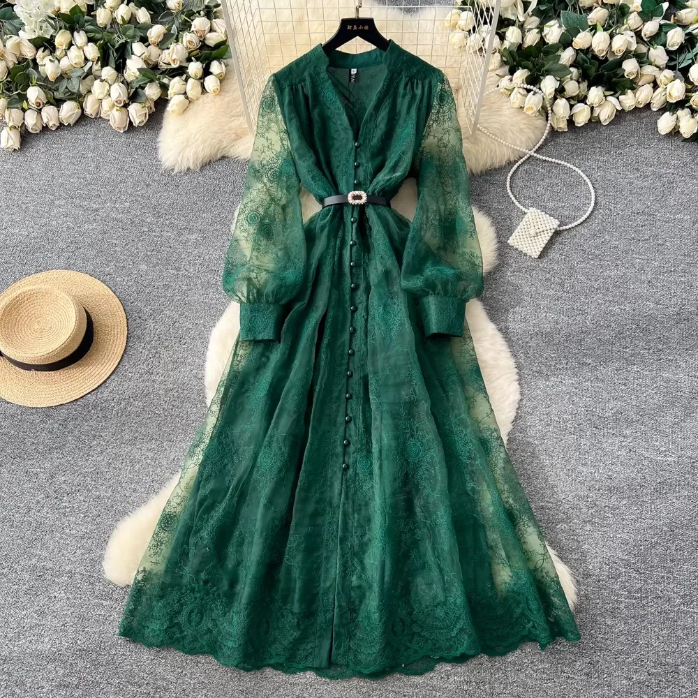 

Spring Autumn French High-end Women's Dress New Lace Embroidery V-neck Lantern Sleeves Single Breasted Party Birthday Dress