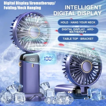 USB-Hand-Miniventilator, faltbar, tragbar, zum Aufhängen am Hals, LED-Digitalanzeige 90 ° Einstellbarer Desktop-Ladeventilator, 5-Gang-USB-Ventilator