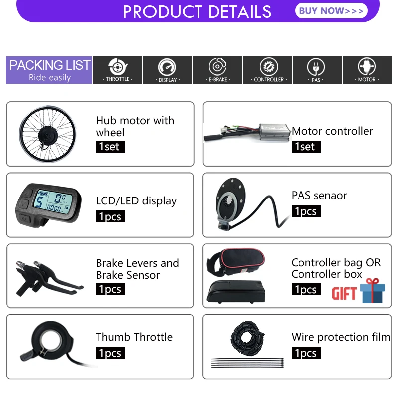 Kit de conversión de bicicleta eléctrica, Motor de cubo de rueda delantera y trasera de 16-29 pulgadas, 250W-2000W, 36v y 48V