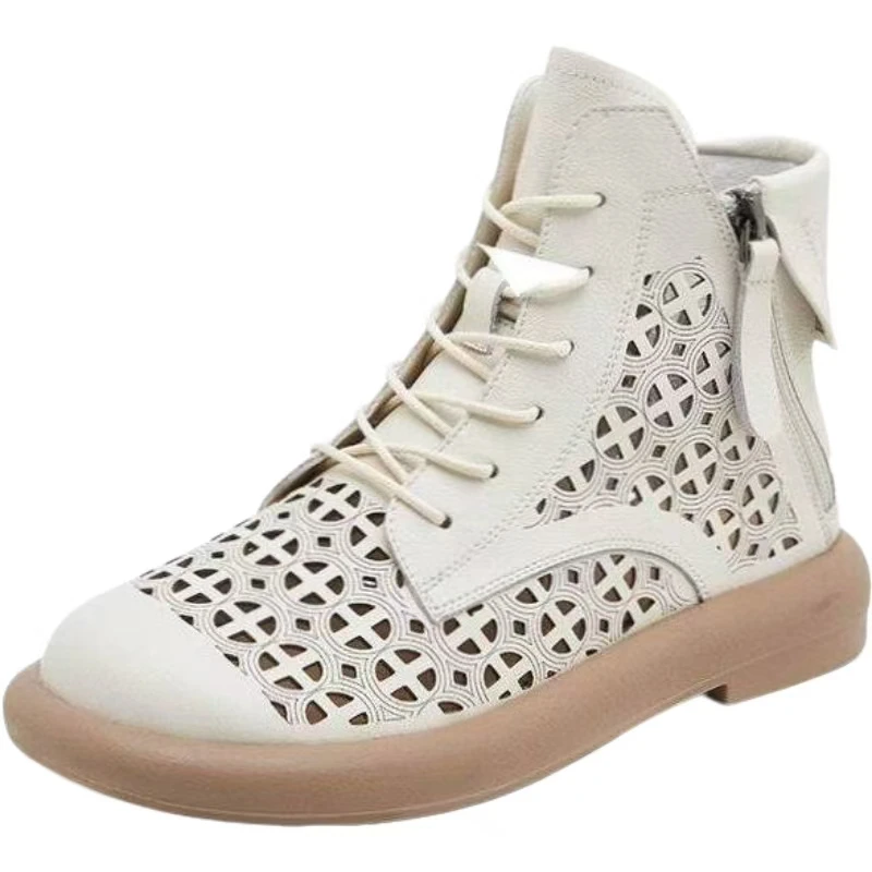 

Women's Leather Hollow Out Flat Sole Cool Boots Spring Summer New Soft Sole Non Slip Round Toe Zippers Fashionable Ankle Boots