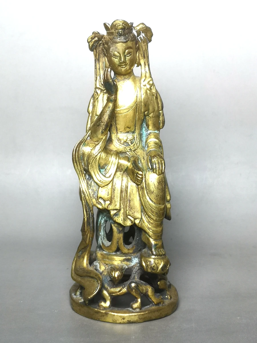 

YIZHU CULTUER ART Height 5.5 inch Old Ancient Chinese Song Dynasty Bronze Gild Carving Avalokitesvara KWAN-YIN Guanyin Statue