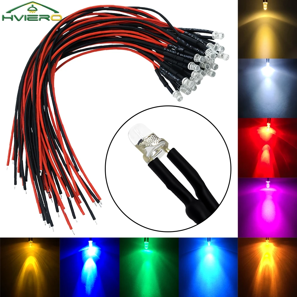 10Pcs 3mm 20CM Pre-wired Diode LED Round Bulb Transparent Cable DC 12V White Decorative Water Clear Super Bright Diode Light