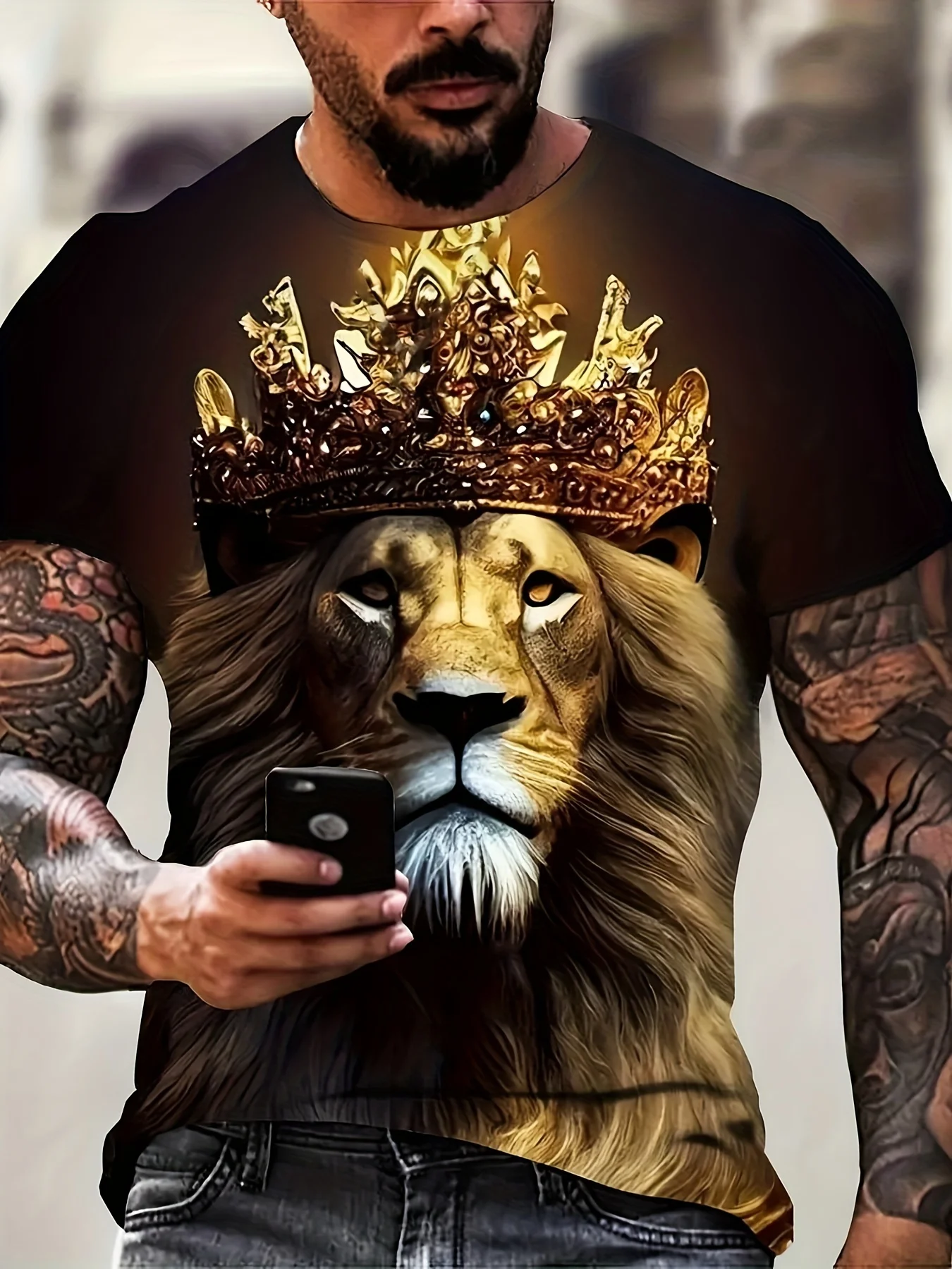 

New Crown Lion King 3D Printed Men's T-shirt Fashion Sports Pattern Daily Sports Round Neck Short Sleeve Extra Large Men's Tops