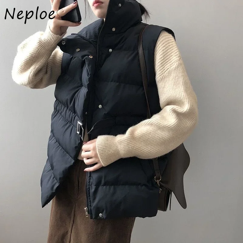 Neploe Feminina Winter Coat Women Stand Neck Solid Color Sleeveless Vest Parkas Pockets Drawstring Slim Waist Puffer Jacket