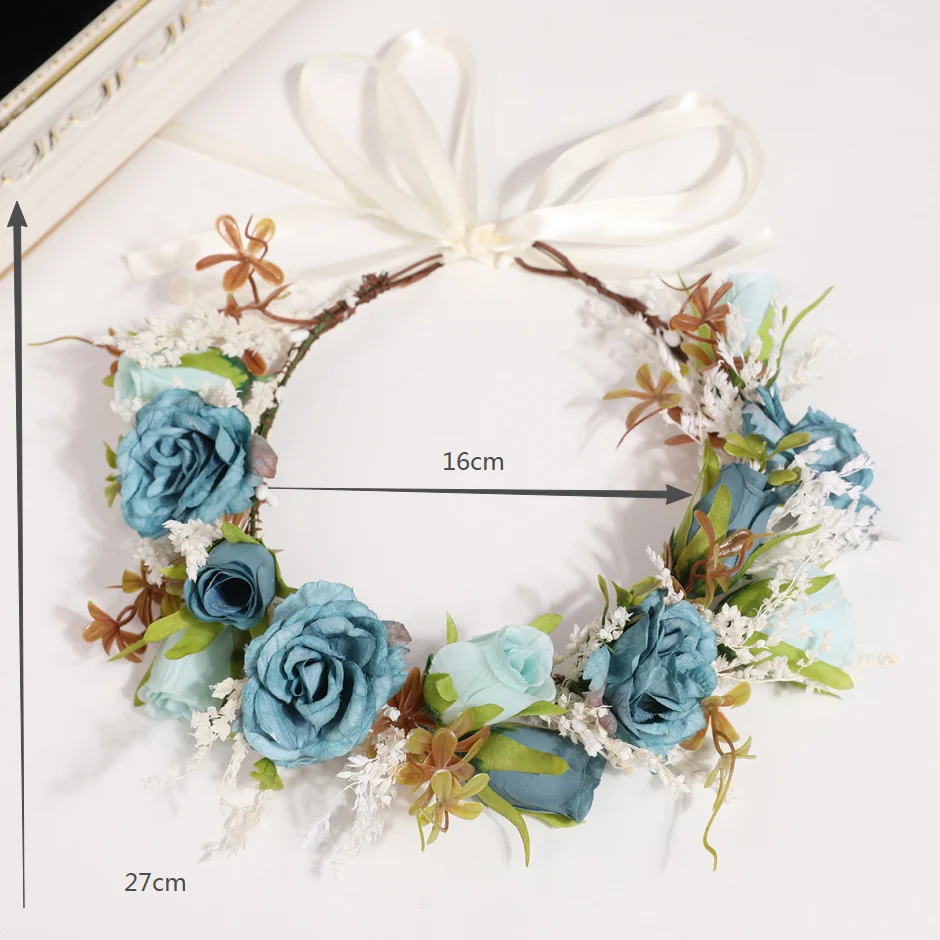 Vintage Haze Blue Rose Artificial Flower Wreath with White Ribbon Adjustable Forest Style Headband Bridal Beach Photography Wedding Flower Headpiece