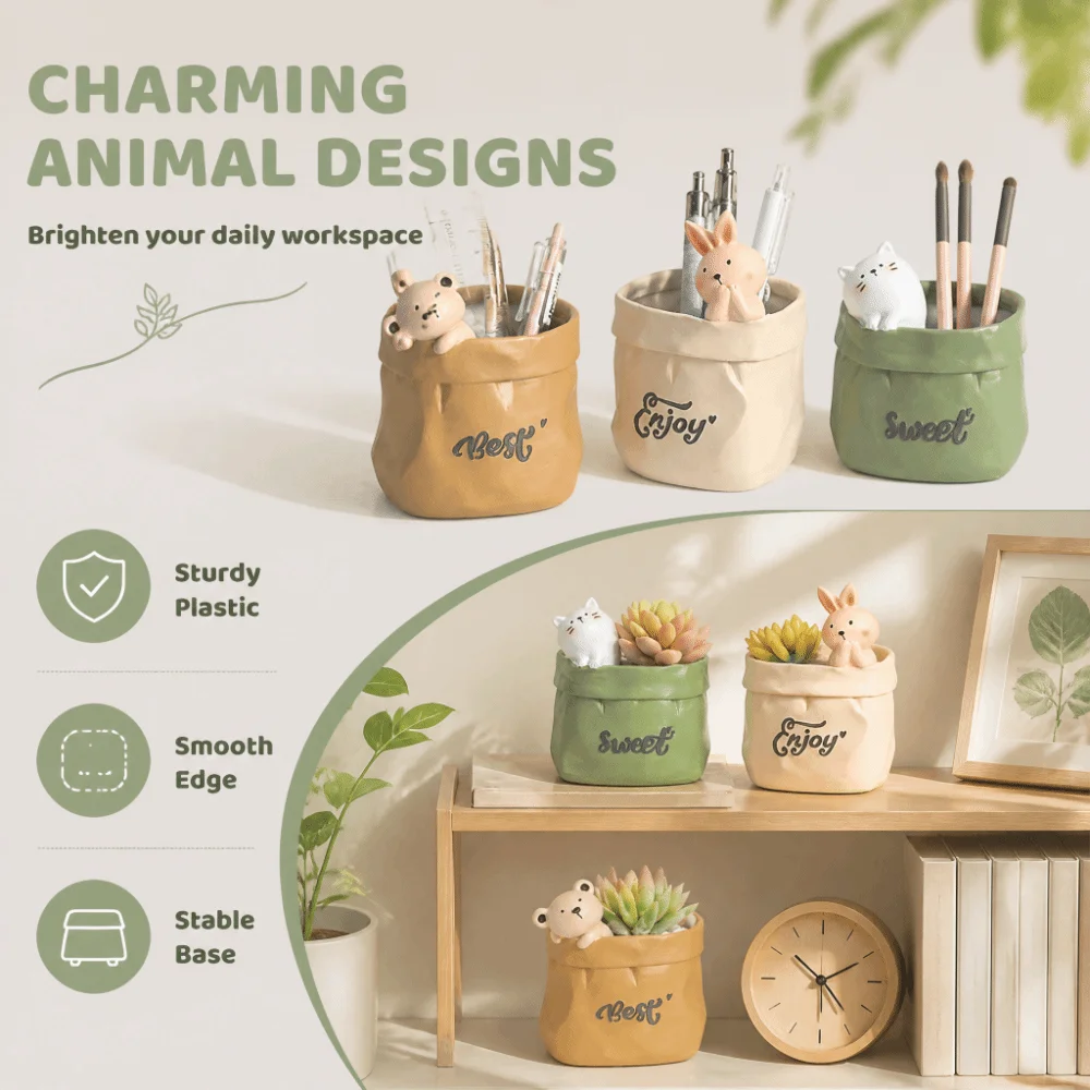 Animal Shaped Pen Holder Creative Design Sturdy Construction Pencil Cup Multifunctional Plastic Makeup Brush Organizer