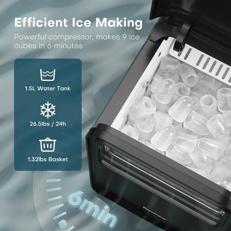 BREEZOME Ice Maker Countertop, Portable Ice Machine Self-Cleaning, 9 Cubes in 6 Mins 26.5lbs/24Hrs 2 Sizes of Bullet  Cube Maker