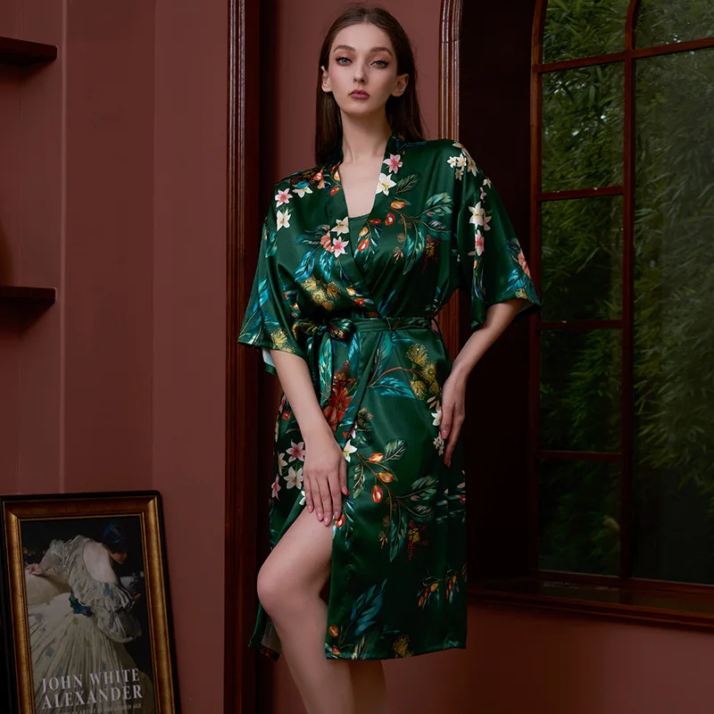 

Модная ночная рубашка с цветочным принтом, женская летняя сексуальная ночная рубашка из ледяного шелка со средними рукавами, халат большого размера, свадебное утреннее платье