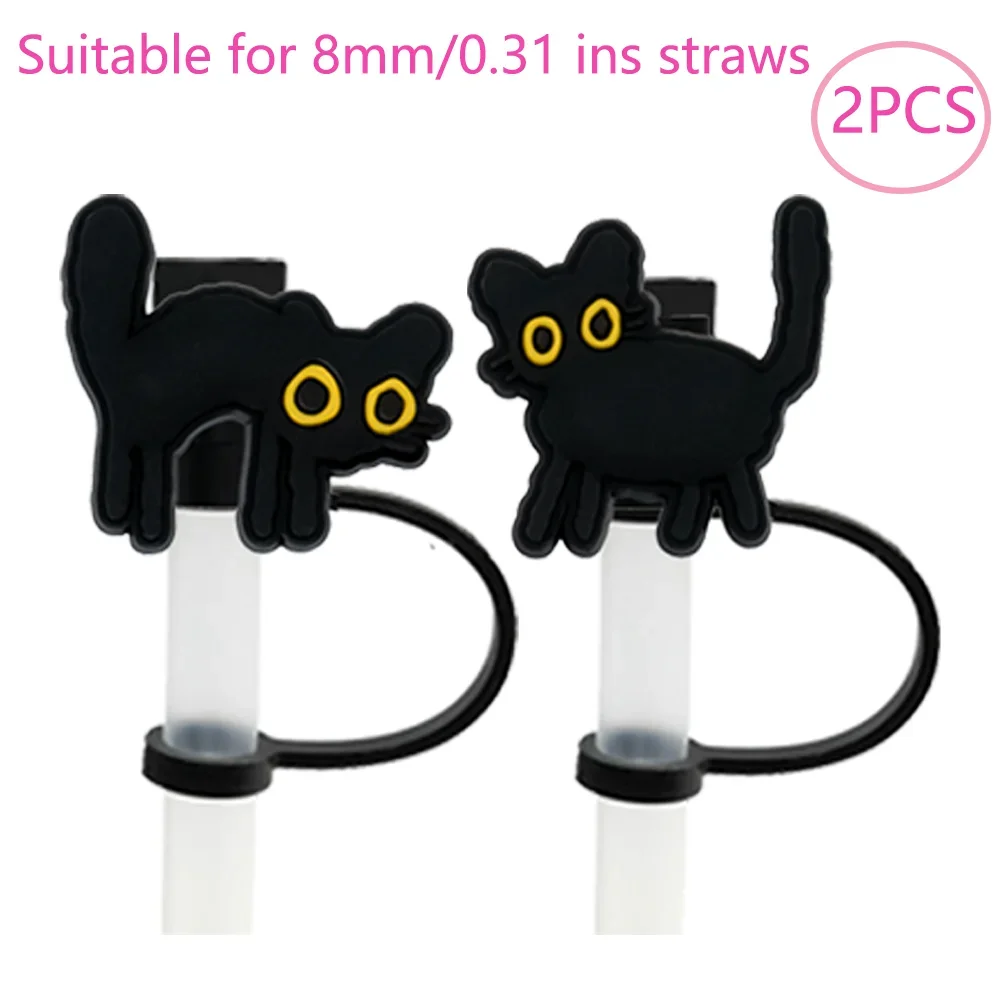 1/2/8 قطعة غطاء القش لطيف القط الأسود اكسسوارات ل بهلوان كوب ، سيليكون القش توبر الشرب تلميح ، 8 مللي متر الغبار غطاء من القش