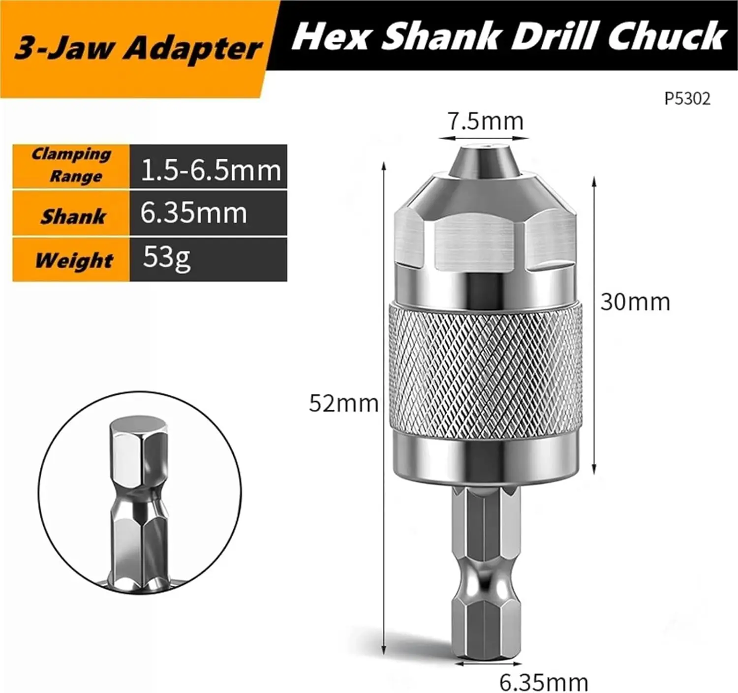 Drill Chuck Adapter Quick Change Pneumatic Drill Chuck 3-Jaw Hex Shank Chuck Professional Converter Hex Shank for Woodworking