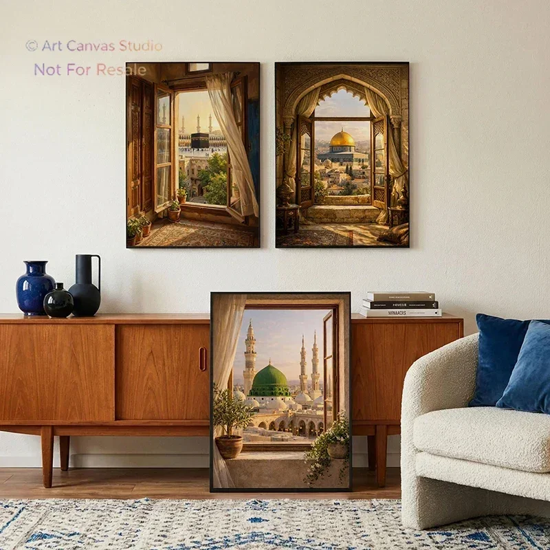 Window View of Mecca Al Masjid An Nabawi  Al Aqsa Islamic Architecture Poster Canvas Painting Print for Living Room Home Deco