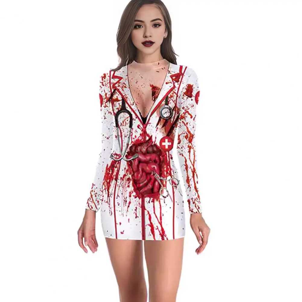 

Gothic Style Halloween Dress Creepy Print Women Dress Bloodstain Skeleton Spider Print V Neck Nurse Cosplay Performance Costume