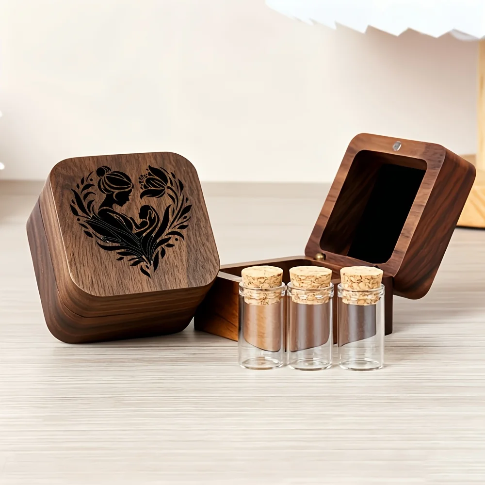 Wooden Hospital Tags Storage Box Set 2D Flat Mother Pattern Design Umbilical Cord Tooth Preservation Fetal Hair Souvenir Gift