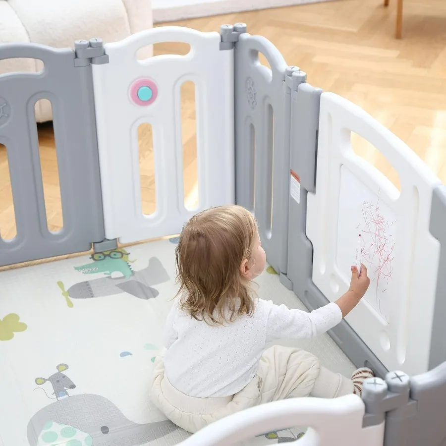 Baby Playpen Activity Centre Safety Play Yard Home Indoor Outdoor New Pen 14panels White Grey