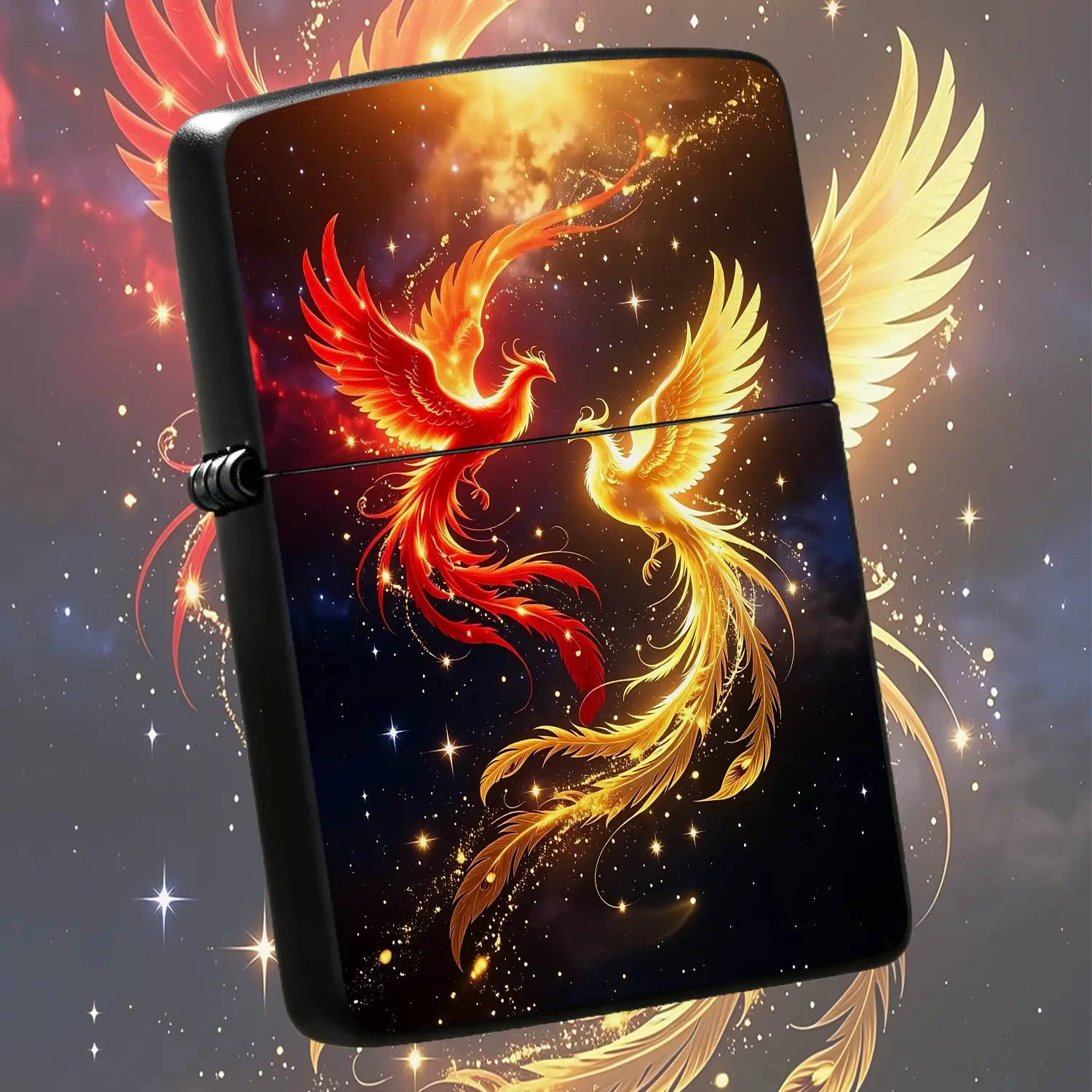 Vibrant Phoenix Couple Print Lighter, Aesthetic Red Golden Divine Bird Pattern Lighter, Delicate Starry Sky Themed Portable Lighter, Ideal Festive Gift For Daily Use Party Camping Holiday Gifting Scenarios A Humorous And Interesting Lighter
