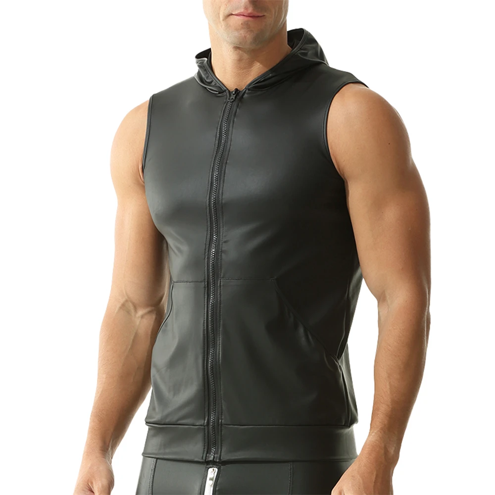 Sexy Men's Front Zipper Faux Leather Tank Tops Sleeveless T-shirts Nightclub Dance Hooded Vest Male Party Stage Club Costumes