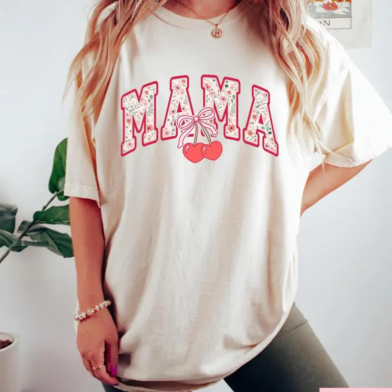 

Cherry Mama T Shirt Retro Mothers Day Sweat Floral Motherhood Funny Mother'S Coquette Bow Mom Crewneck