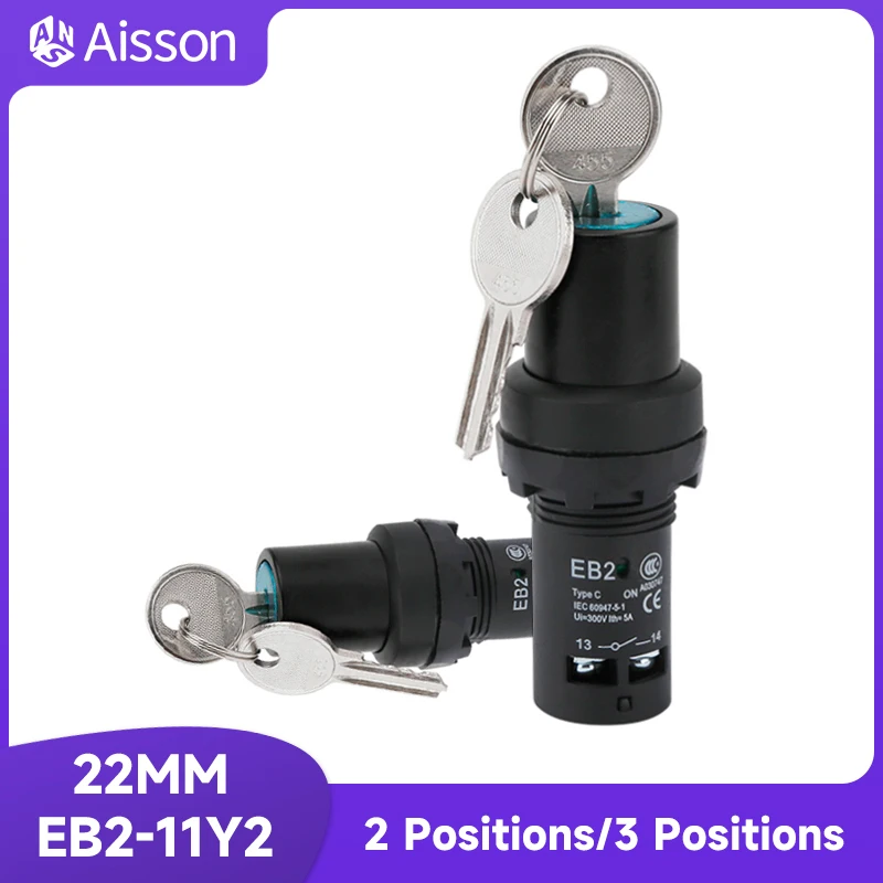 22MM Knob Switch EB2-11Y2 EB2-20Y3 2/3 Positions Power Button Switch with Key Latching Rotary Switch Self-locking 1NO/1NC 2NO DP