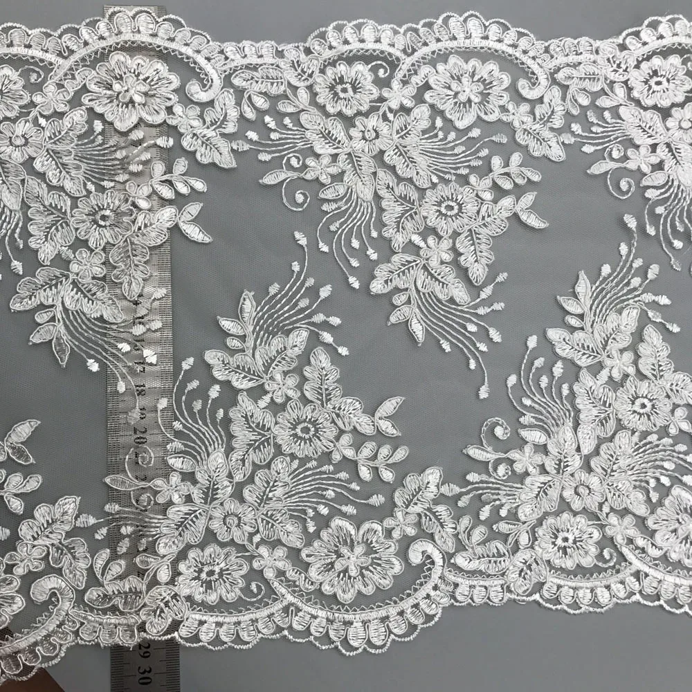 1Yard White Sequin Lace Fabric Flower Venise Mesh Lace Trim Applique Sewing Craft for Wedding Dec 30CM Wide