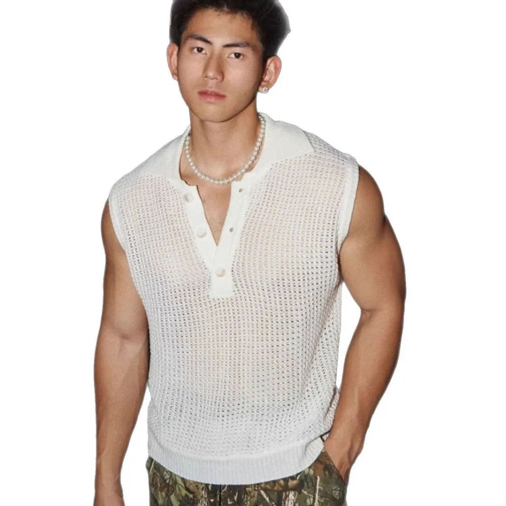 Summer Breathable Tank Top Mens Hollow Out Knit Sleeveless Shirt Sportswear Casual Gym Fitness Training Base Apparel