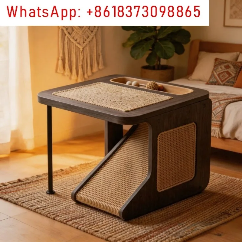 Solid Wood Multi-Functional Cat Scratching Coffee Table Anti-Scratch Furniture Pet Side Table for Household