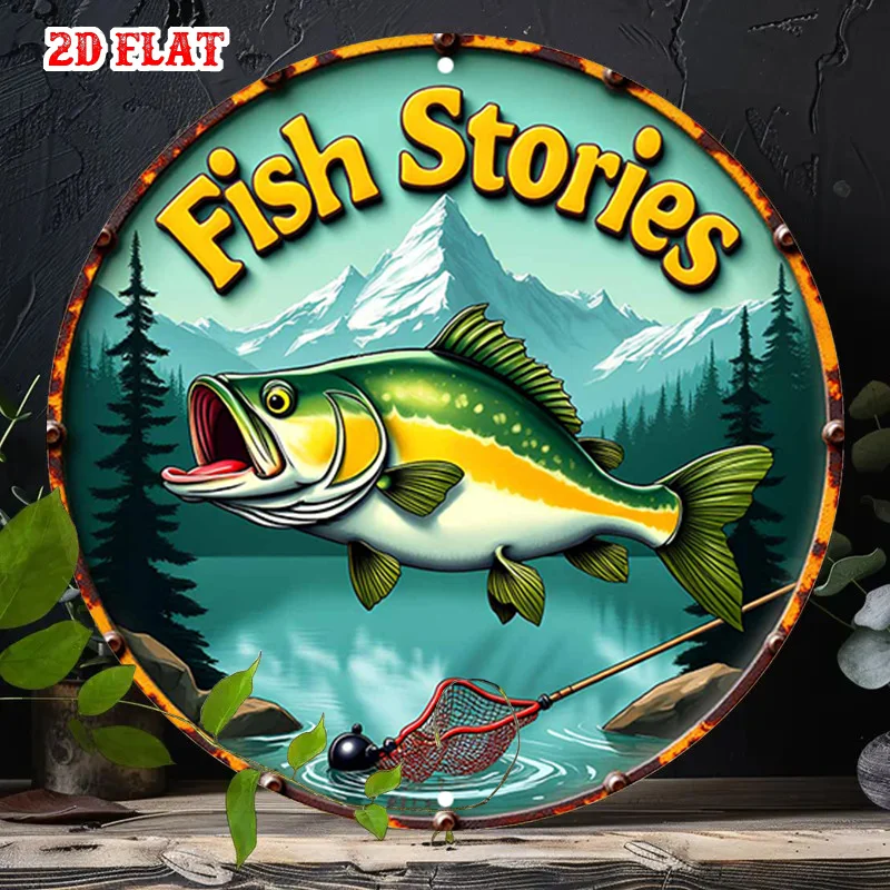 Arte de pared de aluminio plano 2D, 1 unidad de cuentos de peces, pintura de placa redonda rústica con diseño de peces vibrantes, ideal para uso interior/exterior