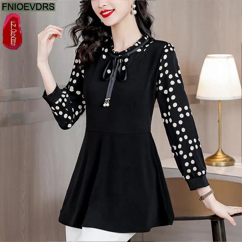 M-5XL 2023 Women Winter Spring Basic Wear Elegant Office Lady Loose Casual Black Ruffles Tunic Peplum Tops And Blouses