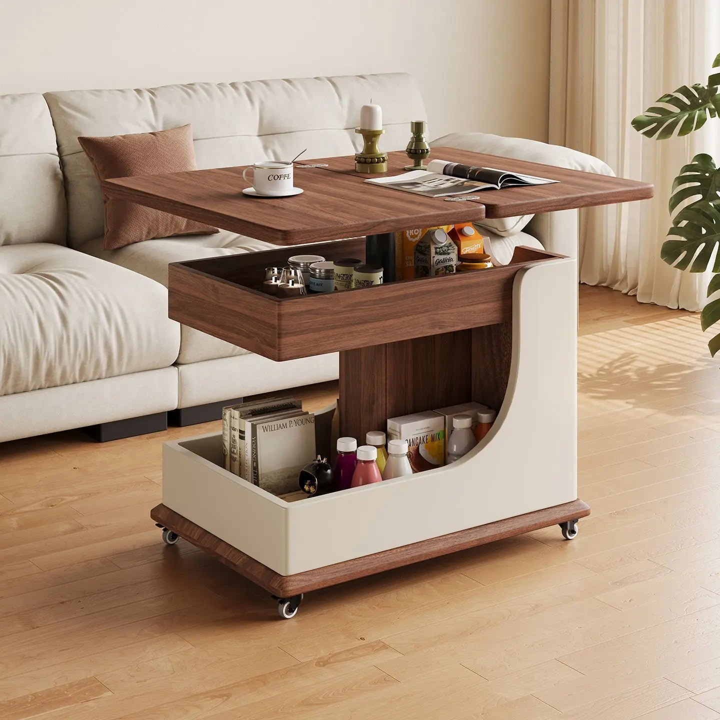 HYS solid wood liftable folding mobile simple coffee table small apartment side table trolley dual-purpose tea table sofa