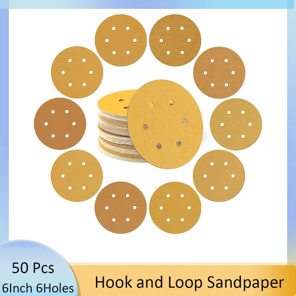 6 Inch Hook and Loop Sandpaper Kit 50 Pack 6 Holes Assorted Grits 40-600 Grit Ideal for Orbital Sanders in Automotive and Wood