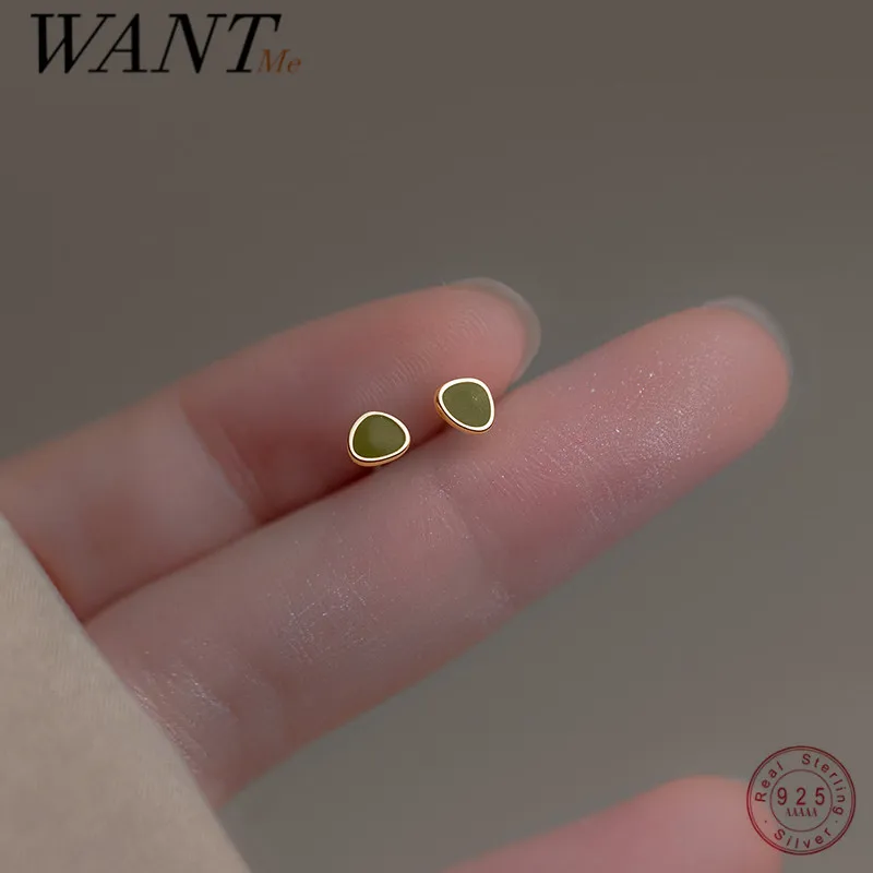 WANTME 925 Sterling Silver Geometric Green Enamel Small Stud Earrings for Women Minimalist Teen Ear Bone Jewelry Accessories