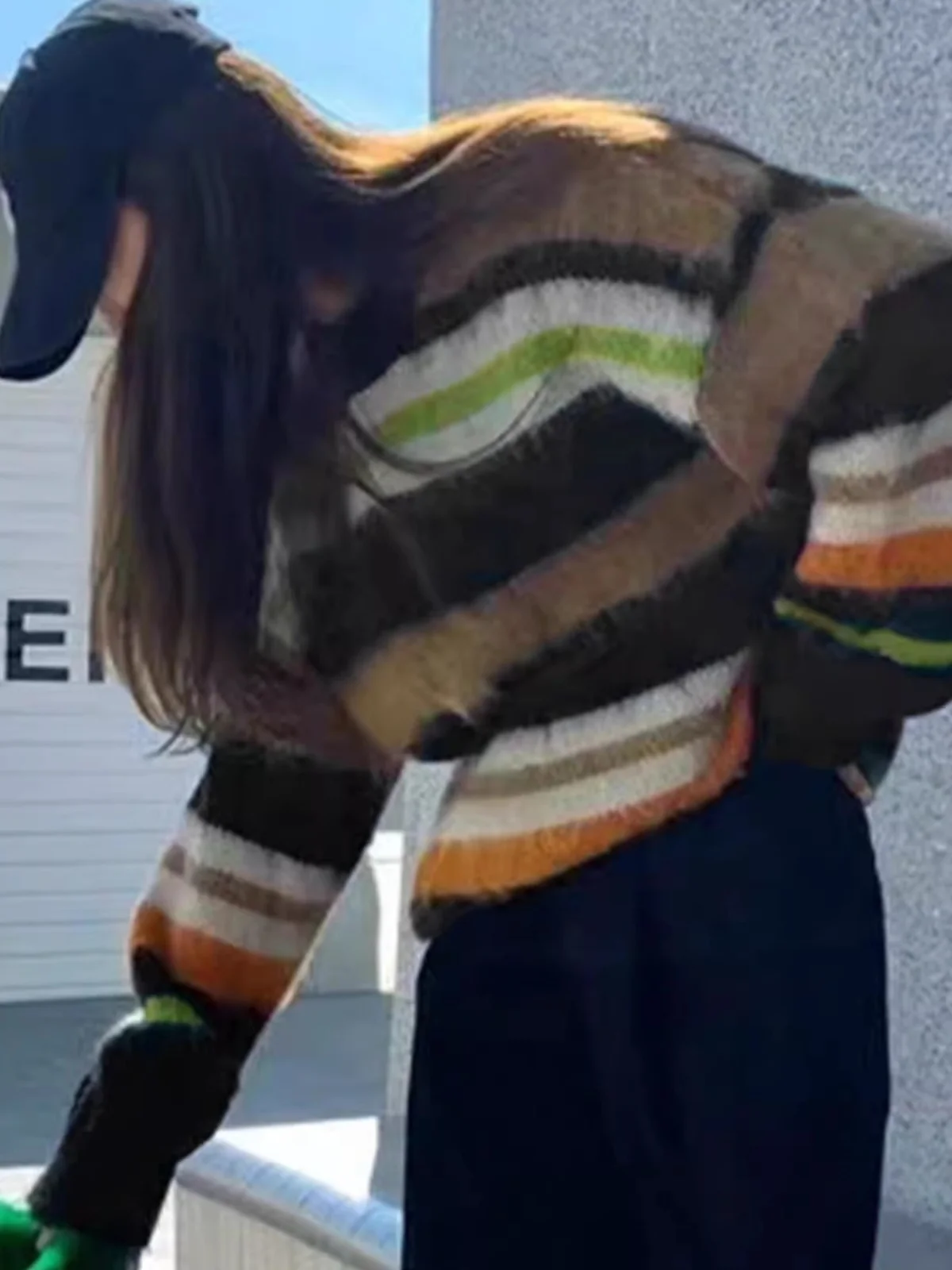 Chic Spring Autumn Retro Lazy  Stripes Jaet Top Hong Kong Sle oulder Loose Soft Cozy Knitted Sweater Women