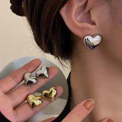 XINYI Gold Color Smooth Surface Love Heart Shaped Stud Earrings Women Minimalist Fashion Girl Wedding Bridal Jewelry