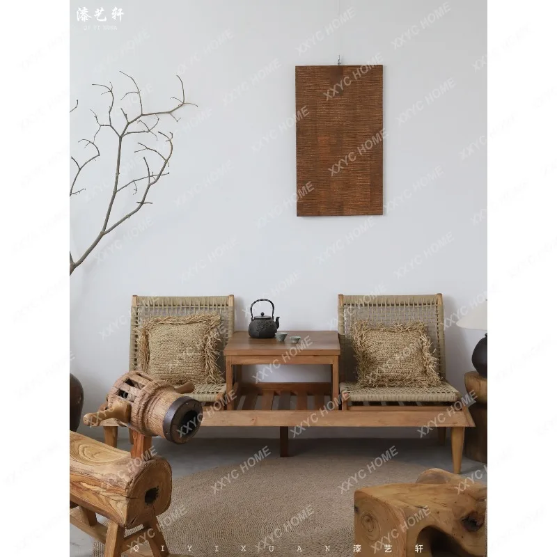 Wabi-sabi style rattan bench multi-functional casual chair b&b coffee table combination