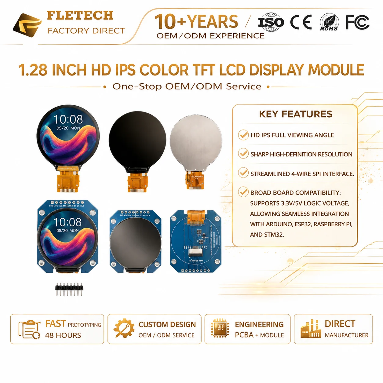 1.28 Inch GC9A01 TFT LCD Display Module 240x240 IPS HD Circular Screen 4-Wire SPI Serial Interface Compatible With Arduino ESP32