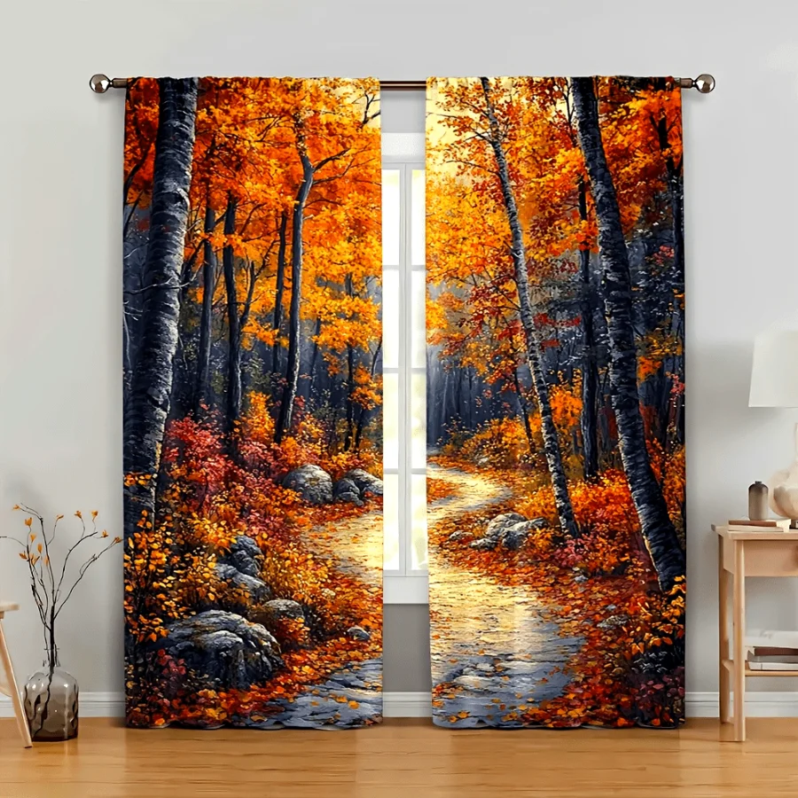 2PCS Digital Printed Curtains, Warm Autumn Forest Pattern, Artistic Pattern Window Drapes for Living Room Bedroom Decor