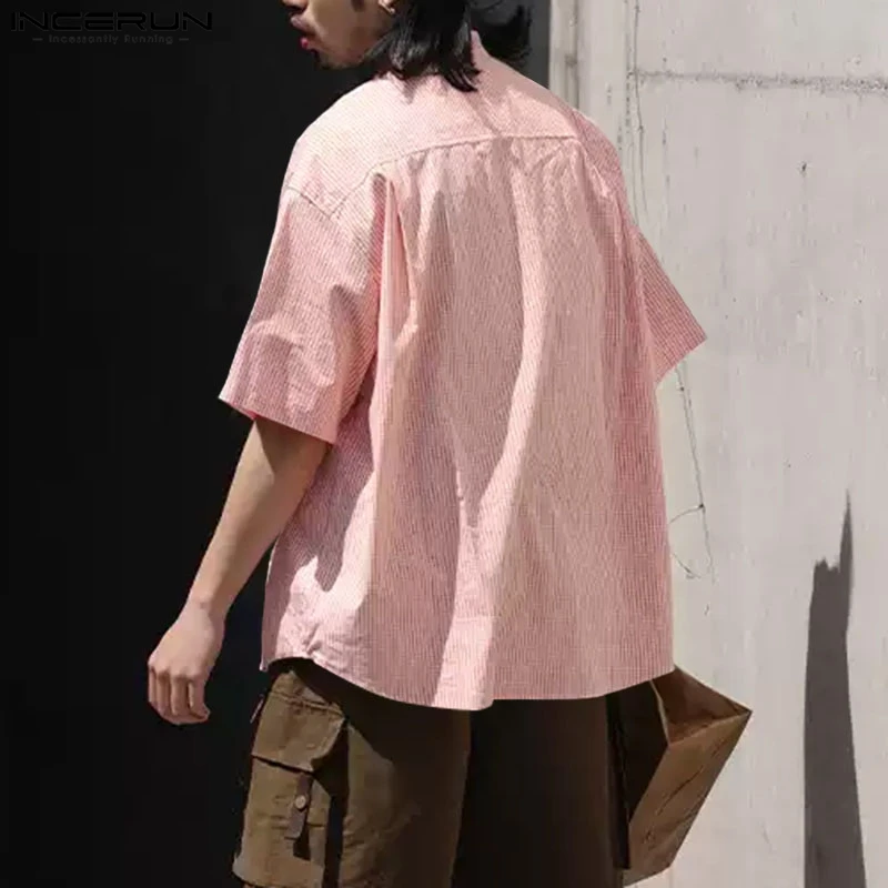 

INCERUN Summer Men Plaid Shirt Stand Collar Short Sleeve Loose Casual Men Clothing Pockets Streetwear 2025 Fashion Male Shirts